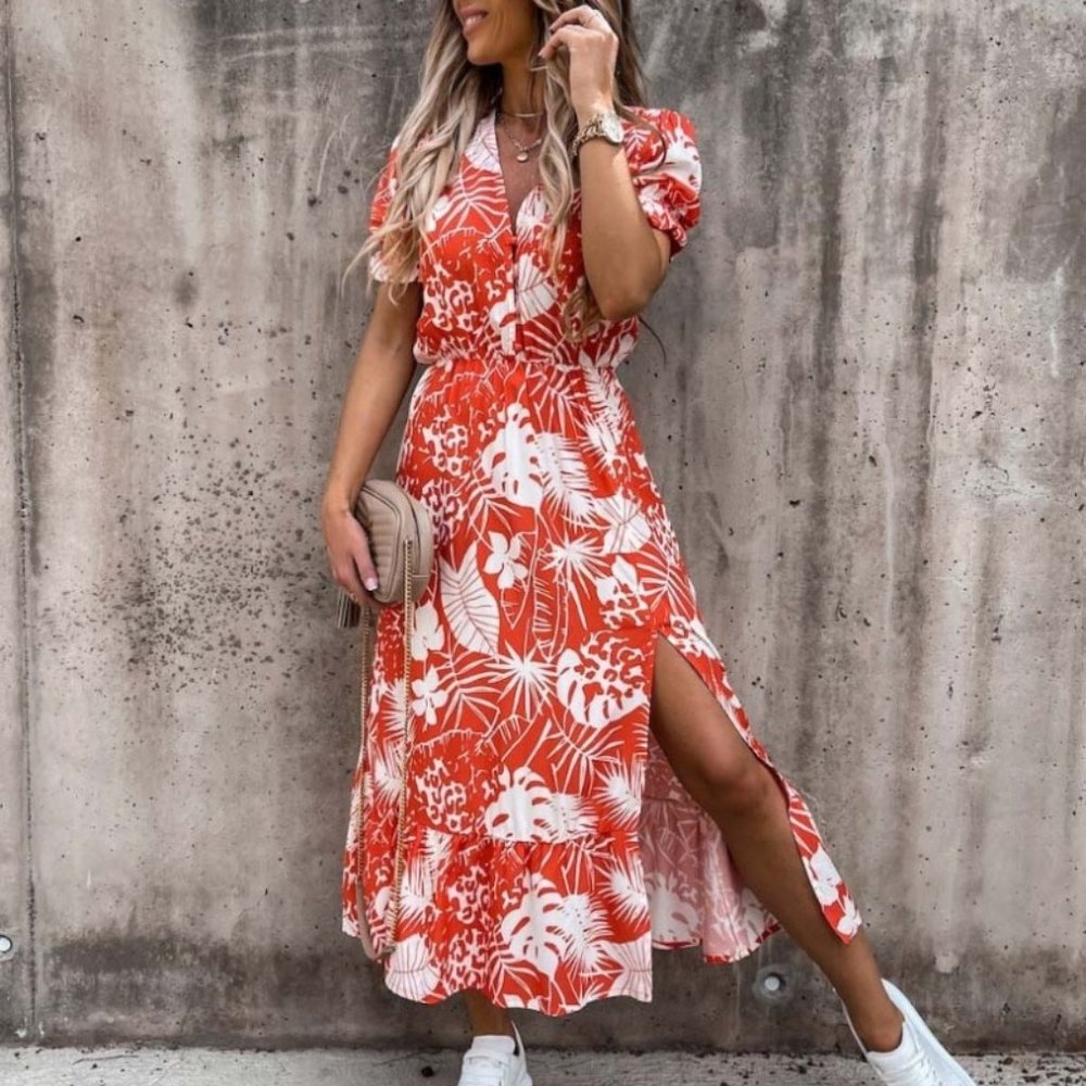 Red White Short Sleeve Floral Print Midaxi Dress